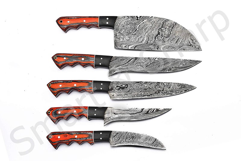 Smart & Sharp Custom Handmade Damascus Chef Knives Set/Kitchen Knives 5 Pieces Set SS-17211 (Orange and Black Color Wood) - Image 3